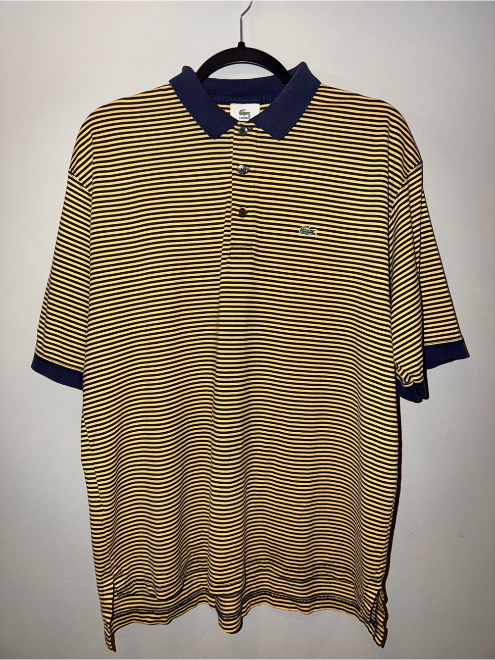 Vintage Lacoste Yellow and Navy Thin-Striped Polo Shirt size Large tennis preppy